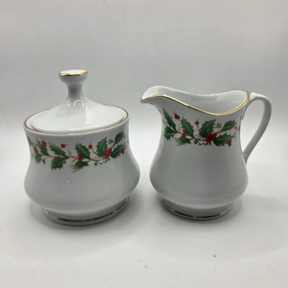 China Pearl Noel Fine China Sugar Bowl and Creamer Set Holly Berry Gold Rim